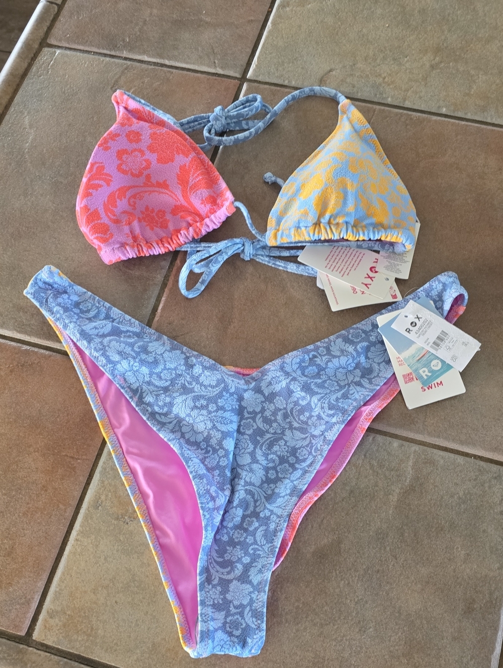 Roxy Floral Reversible Triangle Bikini — Pink, Yellow & Light Blue Sz Xl Nwt